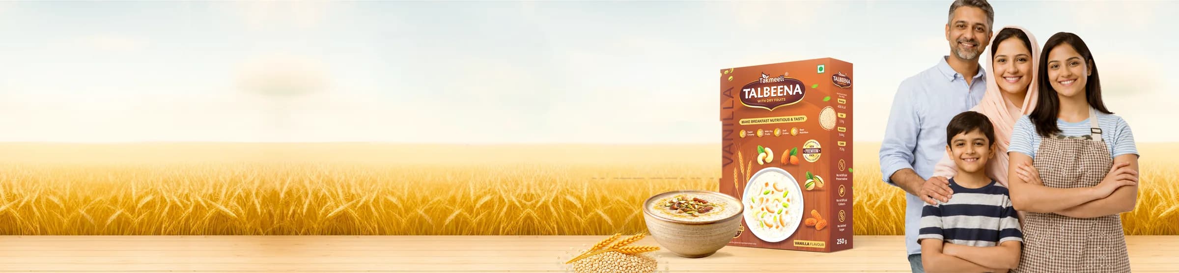 A family with Takmeeli Talbeena in a barley field