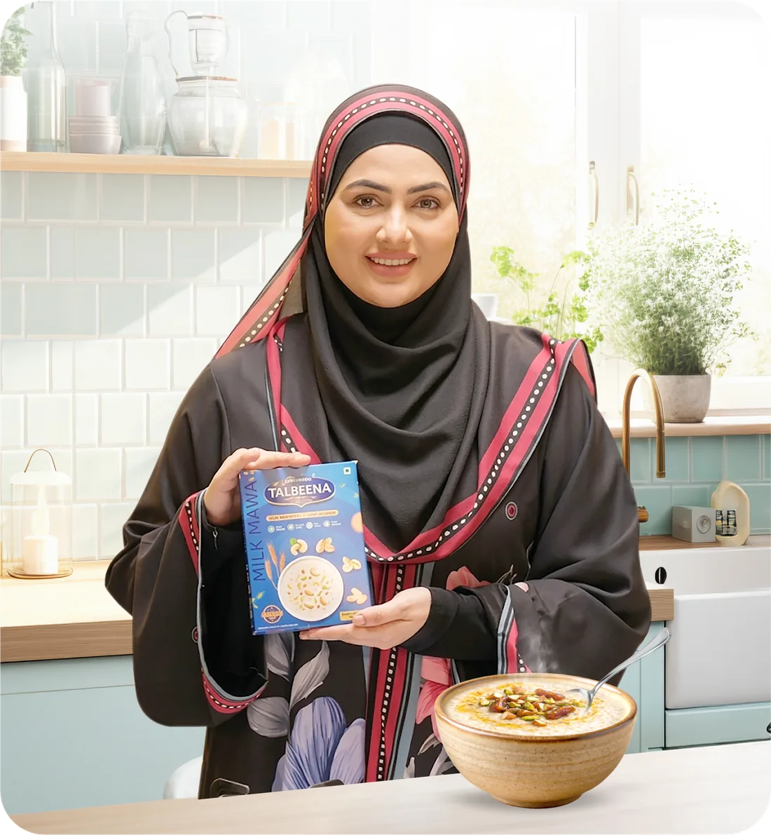 Sana Khan with a bowl of Takmeeli Talbeena